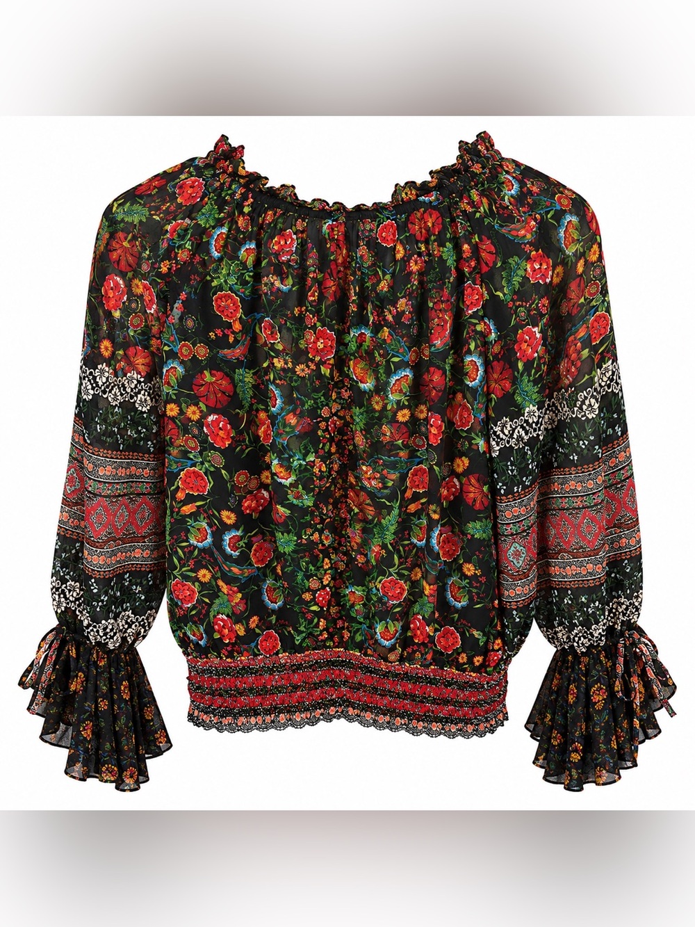 Alice + Olivia Women’s S Black Floral Paisley Ruffle Blouse Smocked Boho Top - Picture 2 of 4